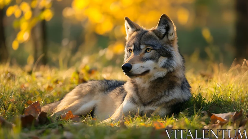Autumn forest wolf portrait in golden hour side lighting.