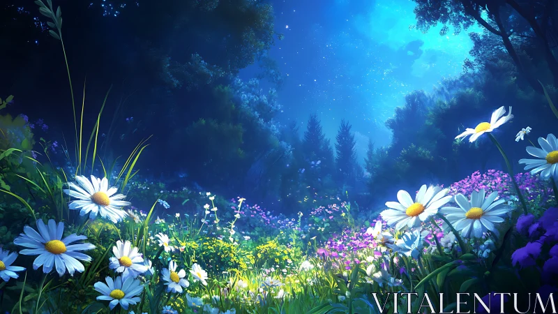 Moonlit wildflower meadow under luminous starry sky.