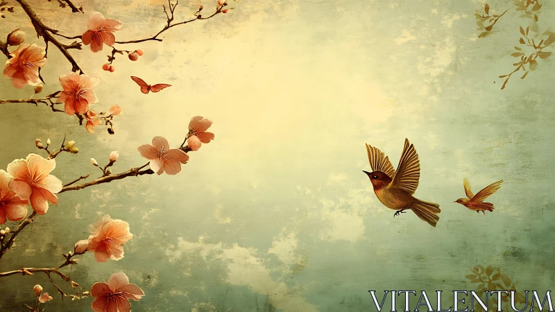 Songbirds glide through vintage sky among peach blossoms.