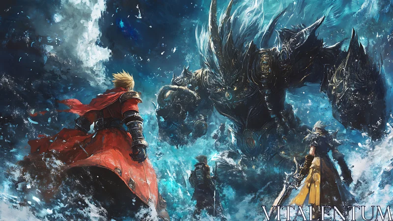 Storm-lit heroes stand united against a towering sea titan