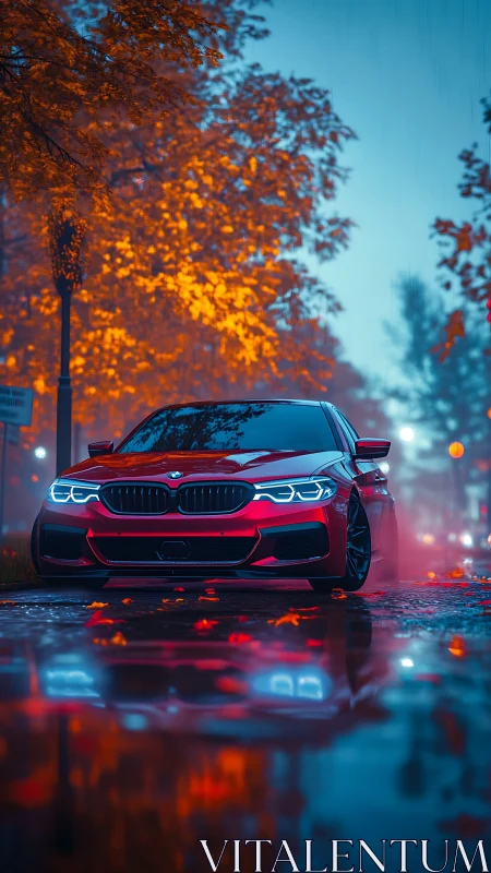 Red performance sedan in rainy neon-lit autumn street scene