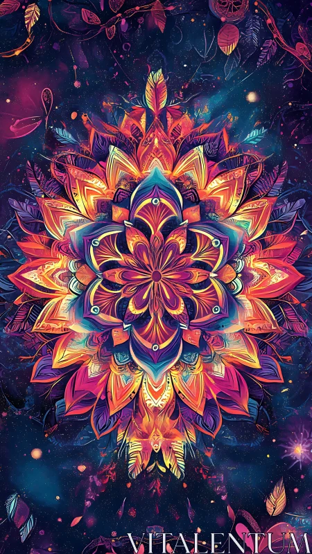 Symmetrical multicolor mandala over deep cosmic background.