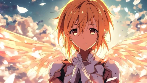 Golden haired angelic warrior under glowing cloud sky.