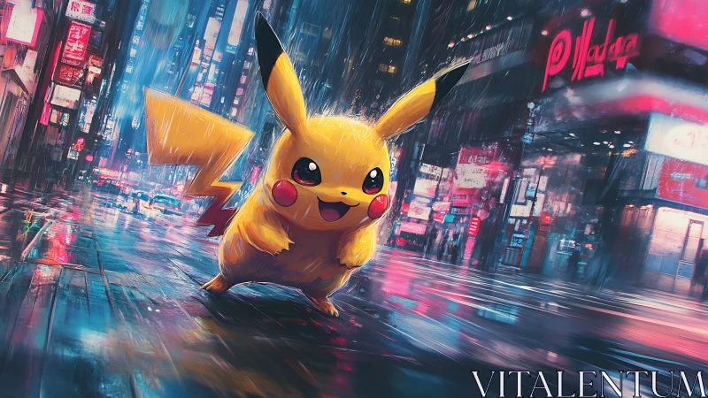 Cyberpunk Pikachu in neon-drenched rainy megacity streets.