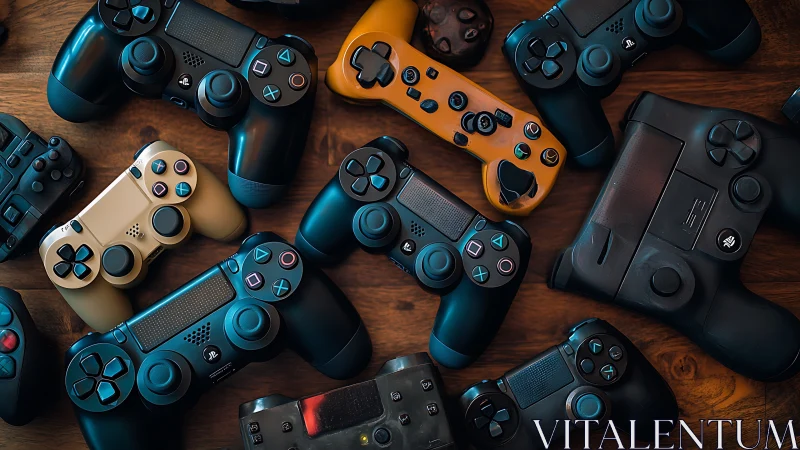 Mixed game controllers arranged on wooden surface. Period.