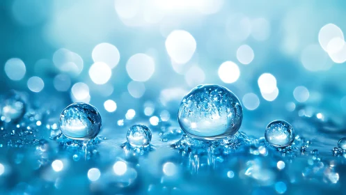 Glistening water droplets sparkle gently in soothing blue light