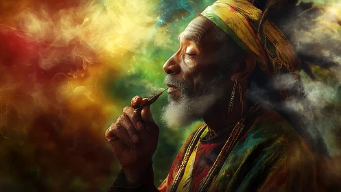 Elder mystic exhales swirling rainbow smoke in sacred calm.