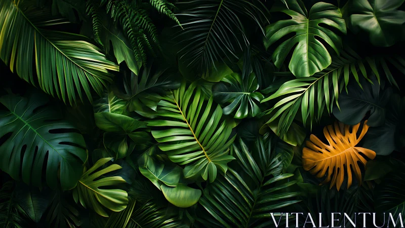 Lush tropical foliage glows with deep greens and golden accents