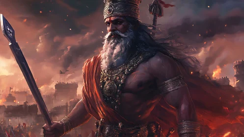 Battle-scarred warlord strides through a burning dusk empire