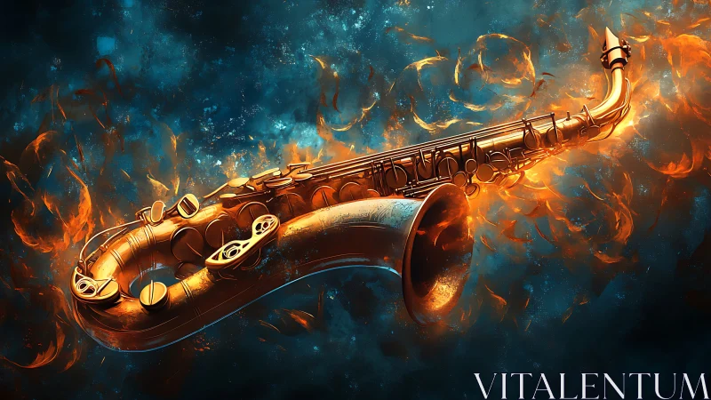 Fiery golden saxophone floating in swirling blue smoke.