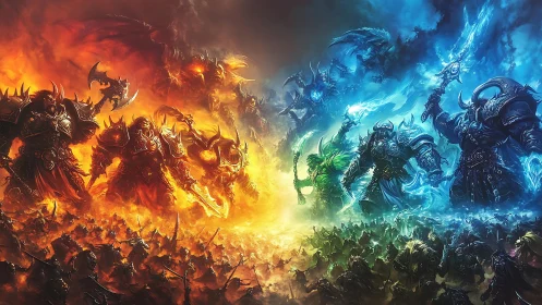 Epic fiery and icy armies meet in a glowing fantasy clash.
