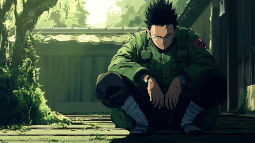 Stoic soldier crouches on sunlit wooden porch edge