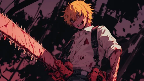 Bloodstained anime boy holding large chainsaw at night.