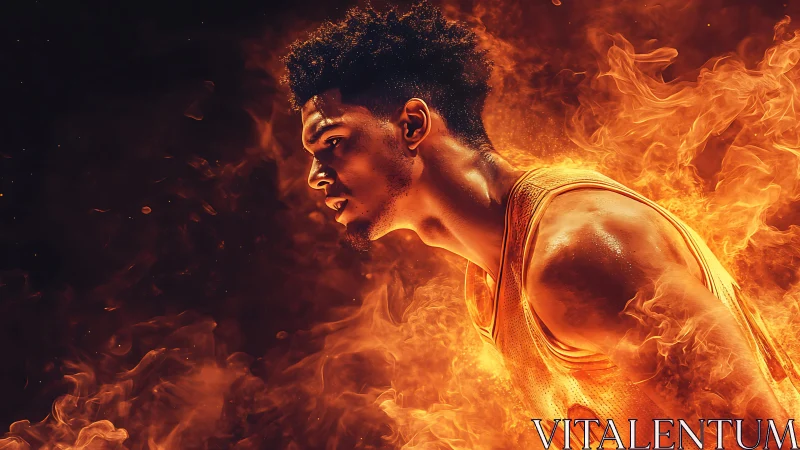 Basketball player profile surrounded by intense flames.