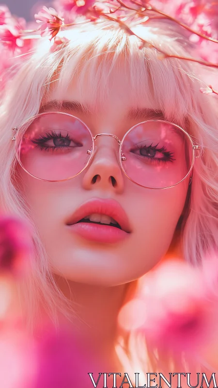 Soft pink portrait with dreamy blossoms and tinted lenses.