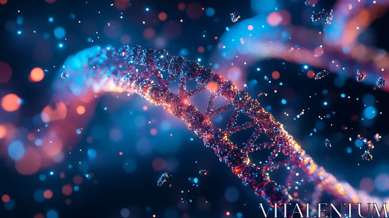 Shimmering DNA strands glow with colorful sparkling light