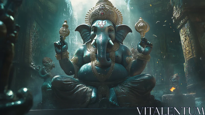 Majestic blue Ganesha statue rests in a glowing temple hall