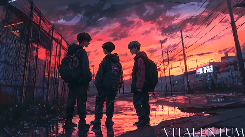 Digital painting of three students in neon dusk streetscape.