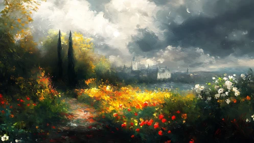 Stormlit castle overlooks blazing wildflower garden path.