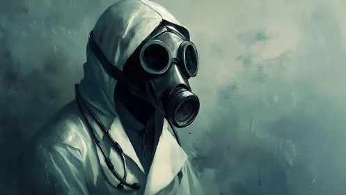 Hazmat-suited medical figure wears gas mask and stethoscope