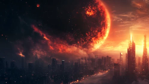 Burning planet looms above dense futuristic city skyline