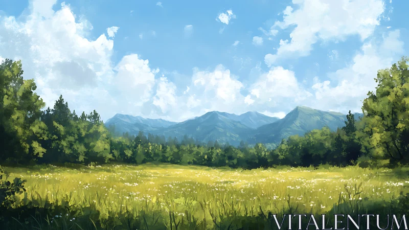 Sunlit mountain meadow opening to a bright blue summer sky.