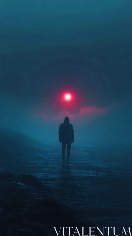 Solitary hooded figure stands before a distant red light source