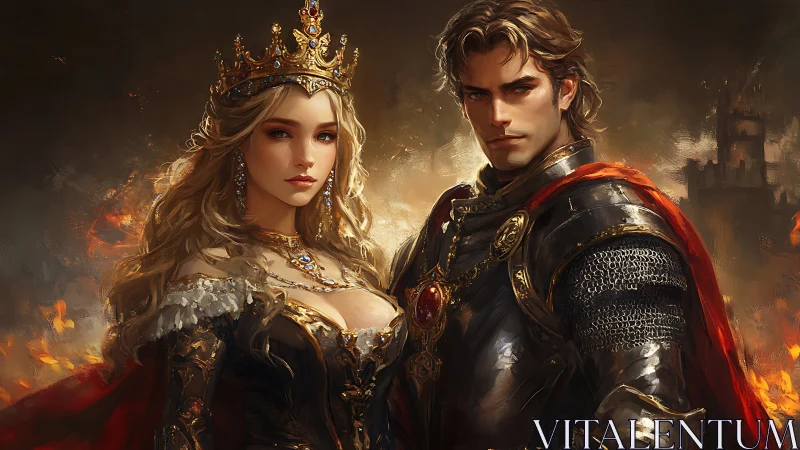 Royal warrior couple command burning battlefield in armor