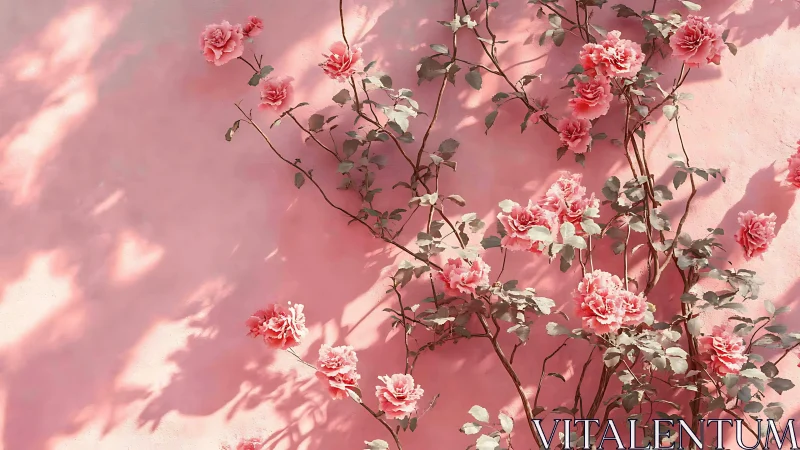 Sunlit Pink Roses Against Blush Wall.