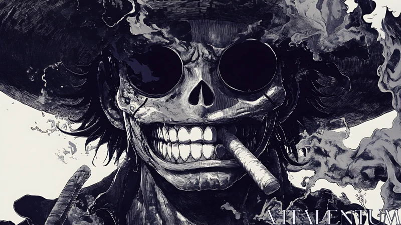 Smoking skull cowboy in dark monochrome illustration.
