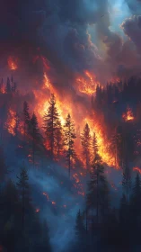 Wildfire consuming coniferous forest under storm cloud formations