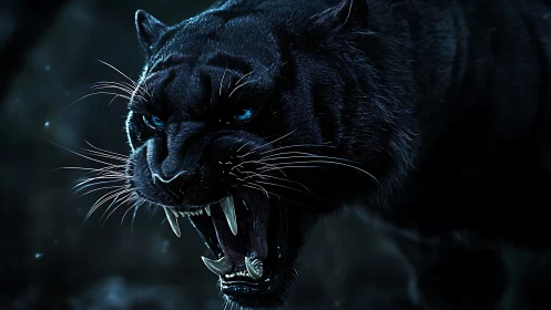 Black Panther Snarling with Glowing Eyes