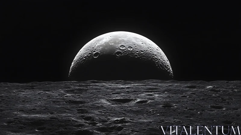 Lunar horizon with illuminated crescent rising in darkness.