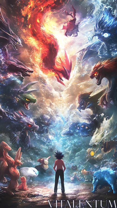 Dynamic digital painting of trainer confronting elemental beasts.