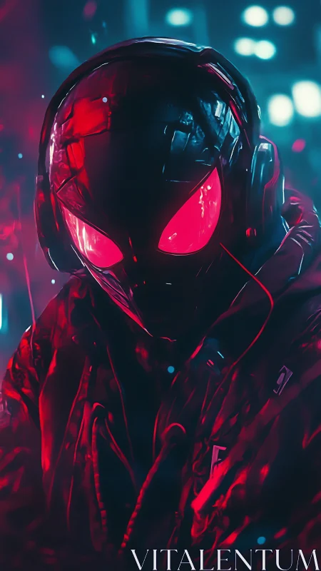 Cyber hooded figure glows under neon city lights.