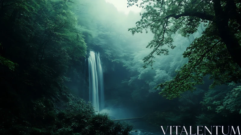 Cascading Waterfall in Dense Temperate Rainforest with Atmospheric Mist