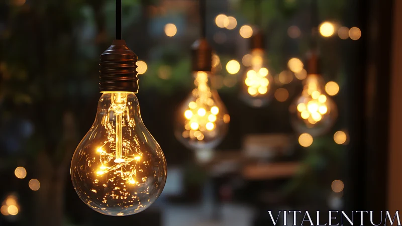 Golden evening glow inside hanging vintage bulbs.