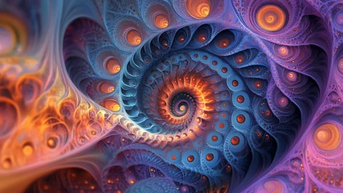 Luminous fractal spiral with radiant orange blue cores.