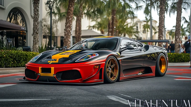 Modified race-spec supercar on urban palm-lined street.