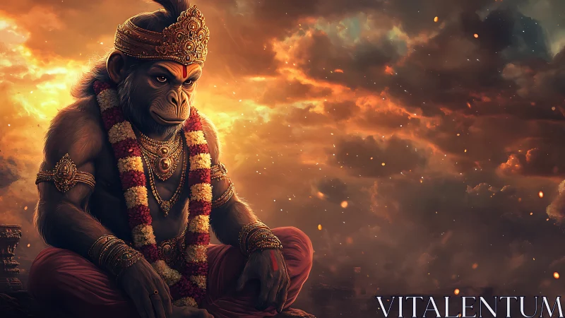 Mythic simian deity in ember-lit atmospheric digital tableau.