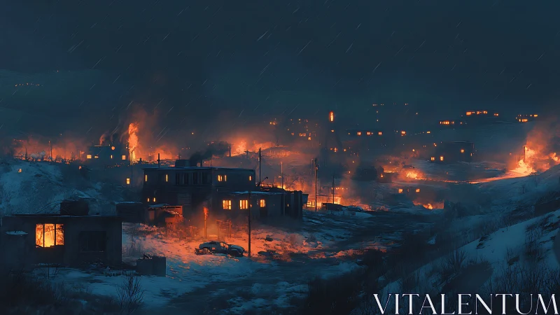 Frozen City Ablaze: Winter's Inferno Paints Arctic Ruin.