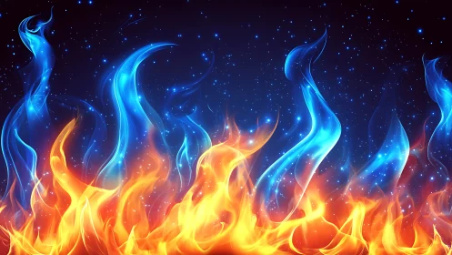 Cosmic Fire Eruption: Blue and Gold Ethereal Flames.