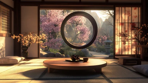 Zen tatami room opens onto serene cherry blossom garden.