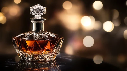 Cut crystal decanter with amber liquid on dark surface.