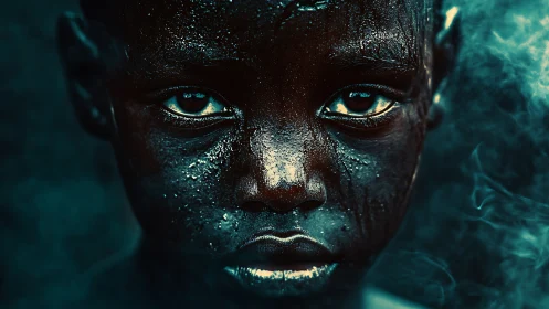 Intense close-up portrait of child with wet textured face.
