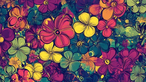 Densely layered floral composition with multi-hued botanical forms.