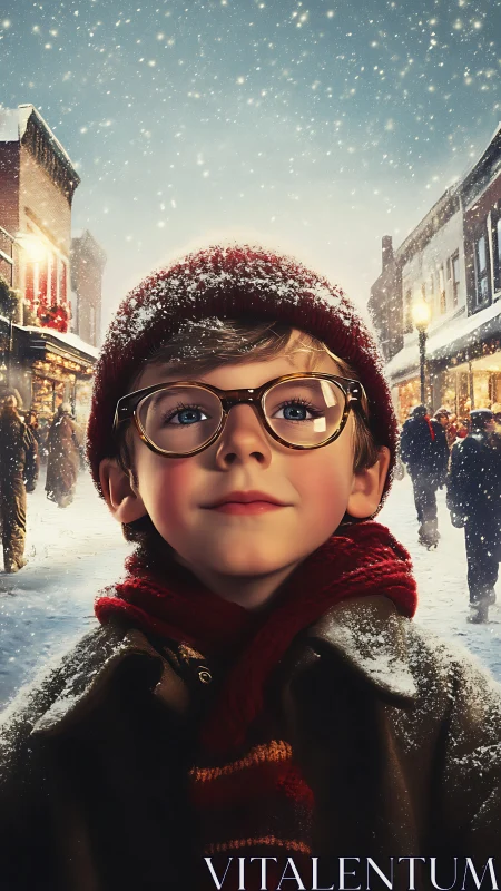 Snowlit wonder crowns a small dreamer in winter streets