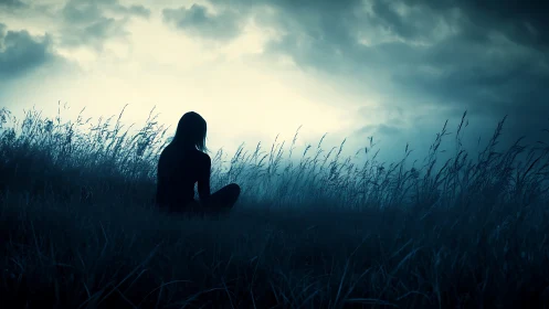 Silhouette of seated person in tall grass at dusk.