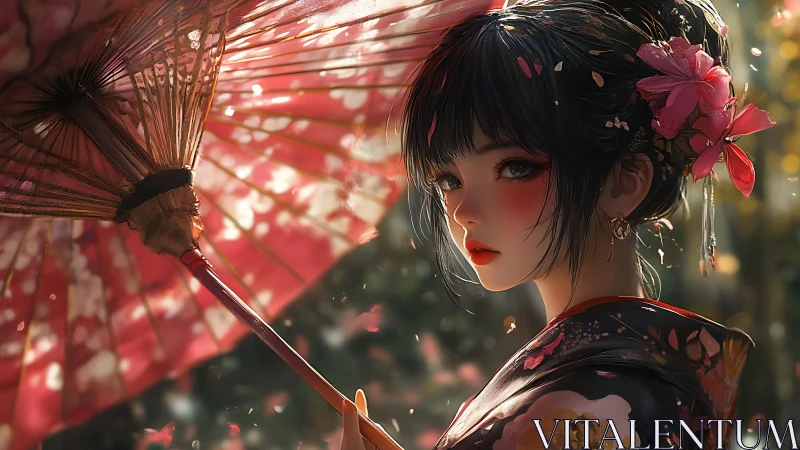 Elegant kimono girl holding red parasol in soft light.