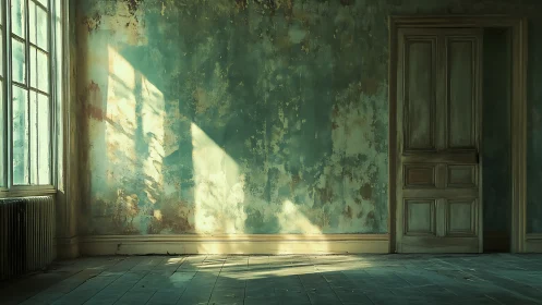 Sunlit abandoned room with peeling teal wall texture.